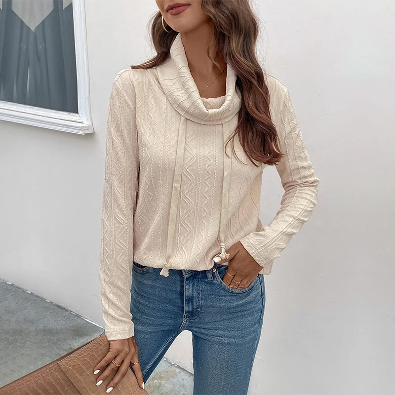 IKEARLAX Cross-border autumn and winter new 2025 women's clothing solid color twist turtleneck sweater  texture drawstring new top Mesh Sweater Canvas Denim