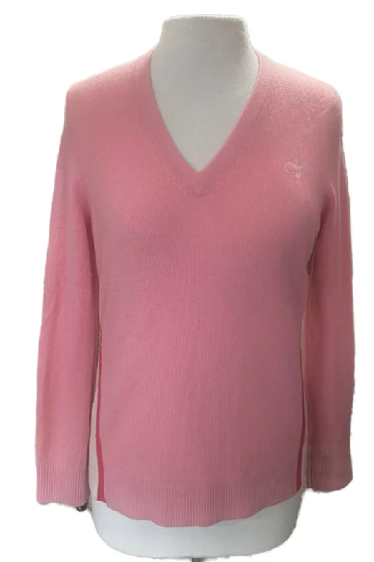 Fairway & Greene Women's Pink & Cream Master's V-neck Cashmere Sweater Size L Zippered Buttoned Snapped