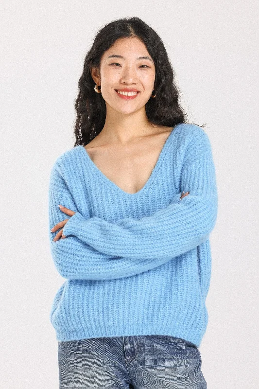 Immy V-neck Basic Alpaca Wool Knit Jumper - Sky Print Jacquard Patchwork