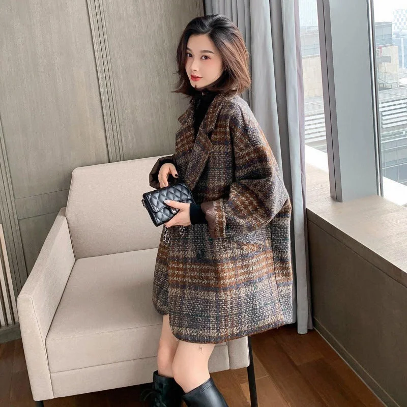 Wjczt  Plaid Mid-Length Thickened Women's Autumn and Winter New Chanel Style High-Grade Loose Woolen Coat Suit Jacket for Women Mesh Jacket Canvas Jacket Denim Jacket