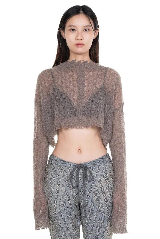 Sheer Wool Sweater Grey Taupe Solid Print Embellished