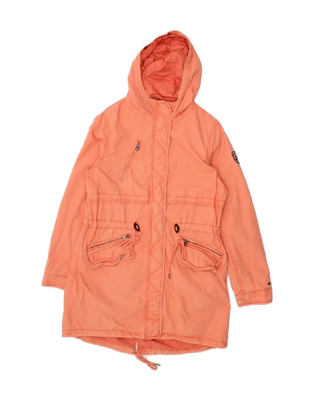 TOMMY HILFIGER Womens Hooded Parka Jacket UK 14 Medium Orange Cotton Bomber Jacket Anorak Windbreaker