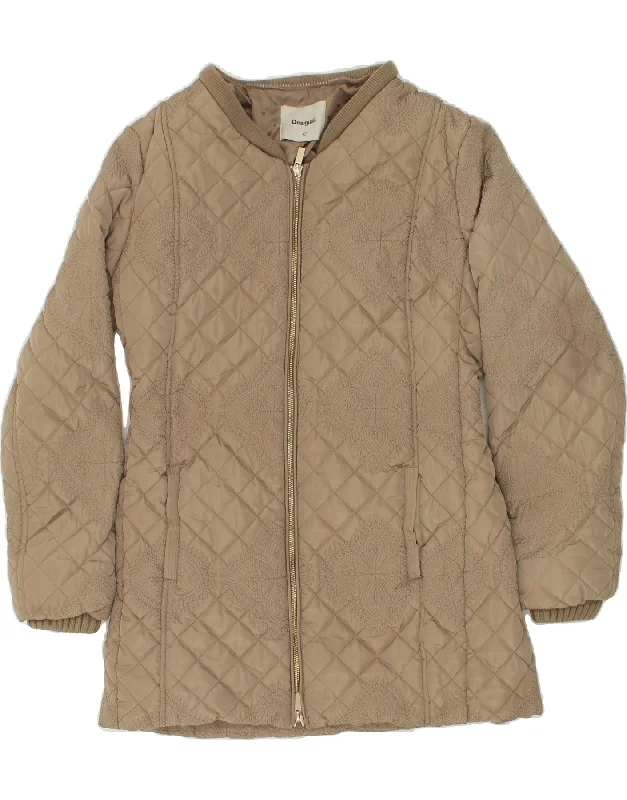 DESIGUAL Womens Abstract Pattern Quilted Padded Jacket EU 42 Large Beige Jacket Blazer Coat