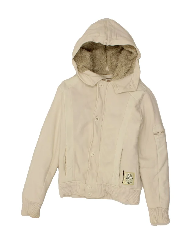 DIESEL Womens Hooded Bomber Jacket UK 14 Medium Off White Cotton Welt Pockets Slit Pockets Flap Pockets