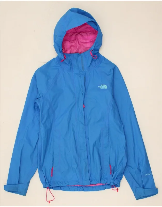 THE NORTH FACE Womens Hyvent Hooded Rain Jacket UK 10 Small Blue Faux Fur Fabric Real Fur Fabric Shearling Fabric