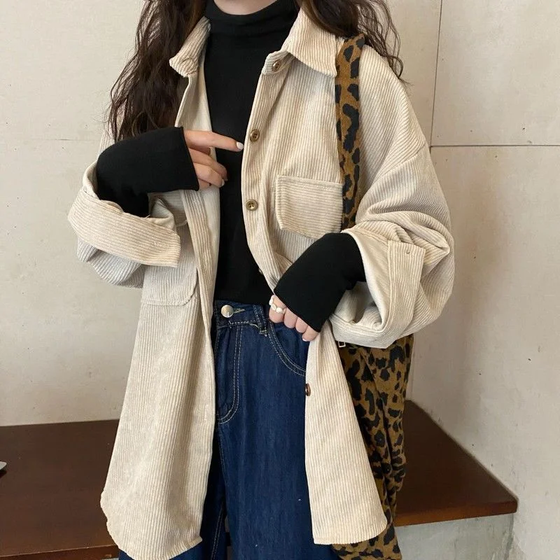 Wjczt fall outfits aesthetic Corduroy Coat Women's Autumn and Winter All-Matching Jacket New Retro Hong Kong Style Mid-Length Shirt Fashionable Top Satin Fabric Silk Fabric Chiffon Fabric