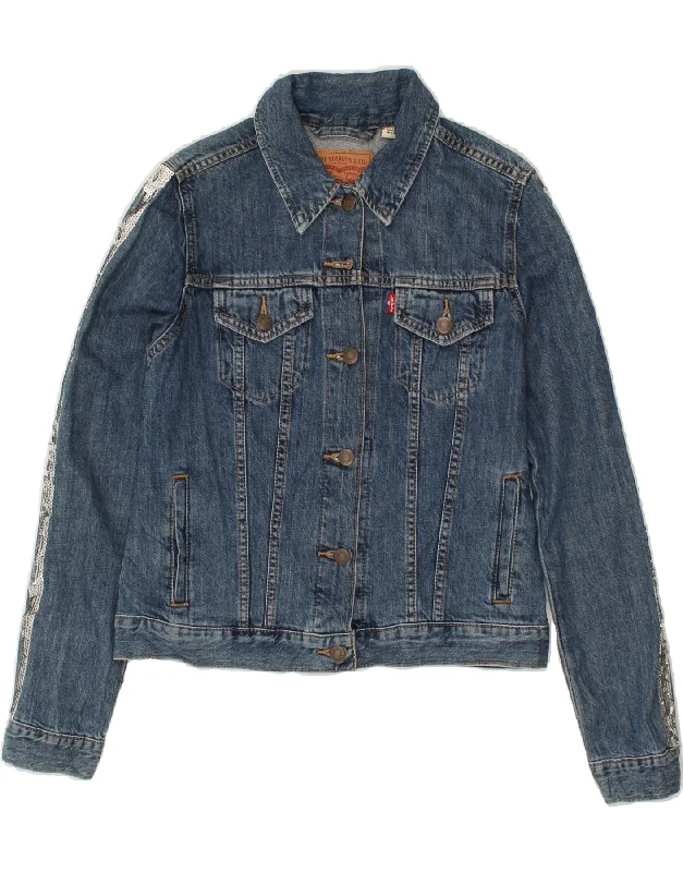 LEVI'S Womens Crop Denim Jacket UK 12 Medium Blue Cotton Toggled Jacket Drawstring Jacket Belted Jacket