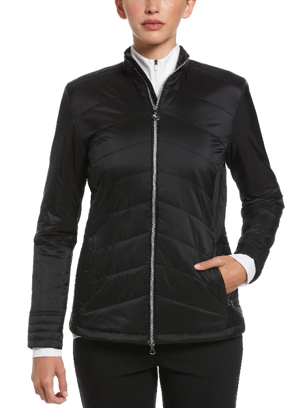 Womens Quilted Golf Jacket with Multi-Needle Stitching Front Pockets Side Pockets Patch Pockets