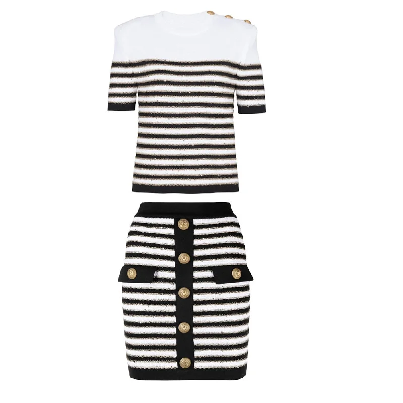 Ashore Boutique Lt Luxury Stylish O-neck Casual Short Sleeve Striped Gold Thread Knitted Sweater Skinny 2PCS Skirt Sets Fitted Loose Oversized