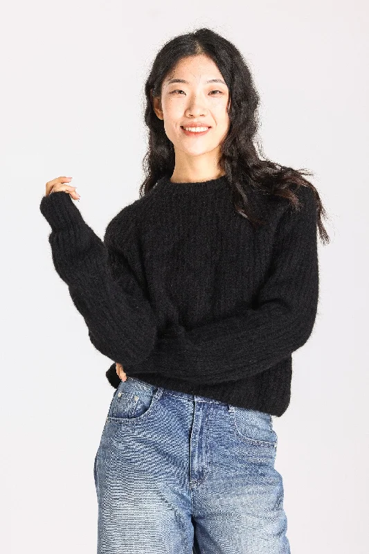 Janet Ribbed Alpaca Wool Knit Jumper - Black Real Fur Shearling Chenille