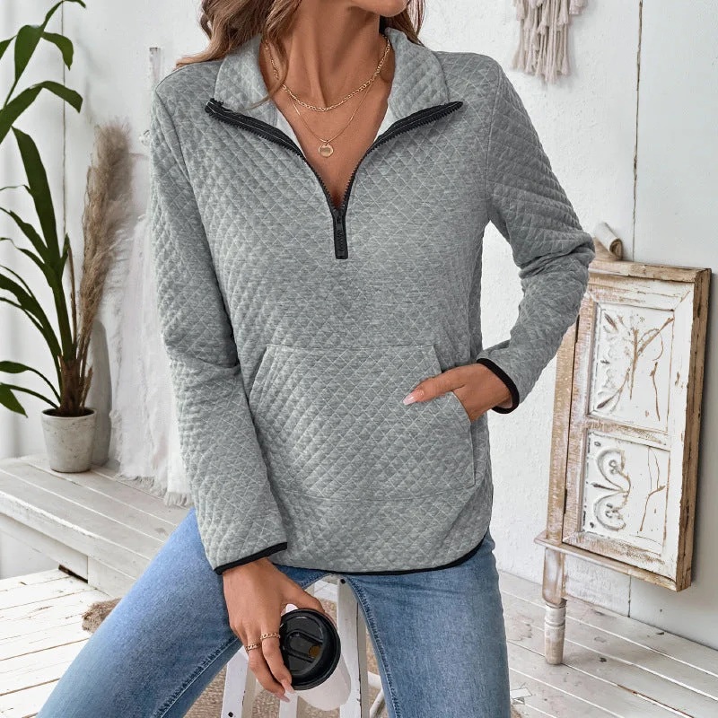 IKEARLAX 2025 waffle V-neck zipper semi-open pullover sweater casual solid color versatile texture top Mesh Sweater Canvas Denim