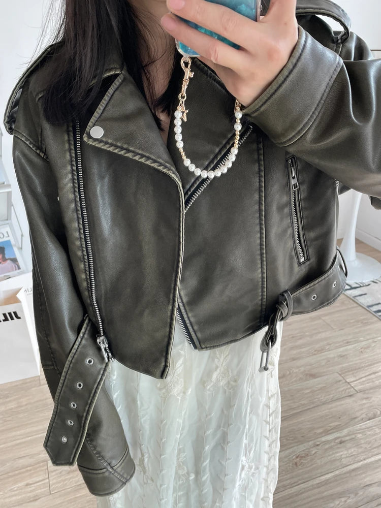 Wjczt  New Spring Autumn Women Vintage Loose Faux Leather Jacket with Belt Streetwear Lapel Short Pu Coat Moto Biker Outwear Striped Jacket Polka Dot Jacket Floral Jacket