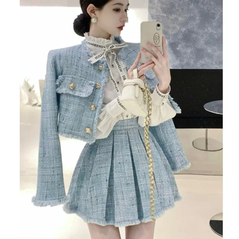 Wjczt High Quality Tassel Design 2-Piece Sets Women Tweed Autumn New Solid Outfits Long Sleeve Short Jacket Coat + Pleated Skirt Suits Fitted Jacket Loose Jacket Oversized Jacket