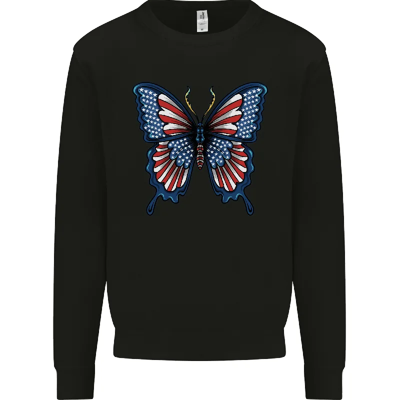 American Butterfly Flag USA July 4th Mens Sweatshirt Jumper Hoodie with Hem Contrast Bold Stylish