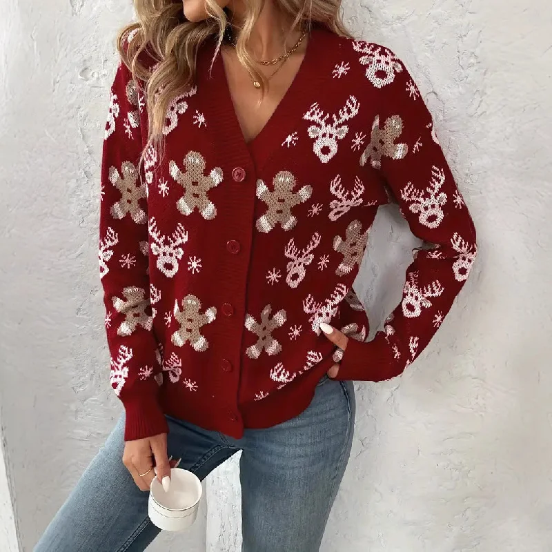 IKEARLAX 2025 Europe, America autumn and winter new  women's clothing red flower sweater jacket high-end design knitted cardigan top Turtle Neck Boat Neck Asymmetrical Neck