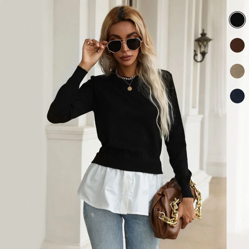 IKEARLAX New popular autumn new product fashion shirt splicing top pullover fake two-piece knitted sweater women's clothing Beaded Sweater Sequined Faux Fur