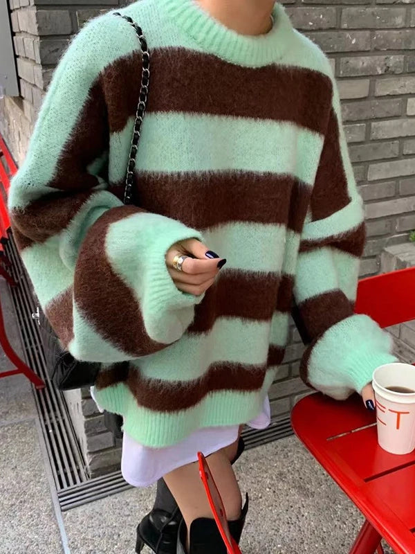 Trendy Color Stripe Knitting Sweater Round Neck  Long Sleeves Vintage Herringbone Houndstooth Plaid