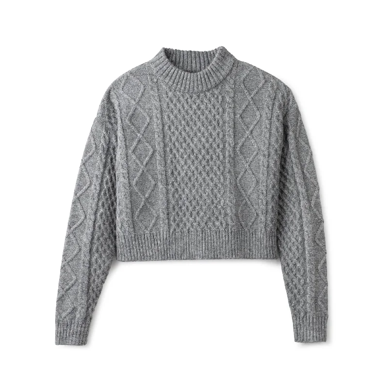 Cable Knit Crop Sweater IN: Grey Mesh Blend Leather Blend Suede Blend