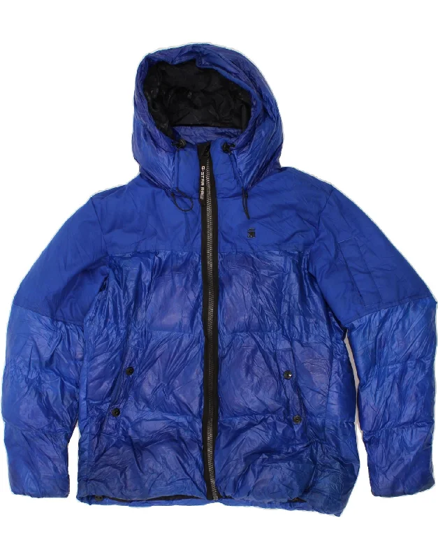 G-STAR Mens Hooded Padded Jacket UK 42 XL Blue Polyester Notch Collar Peter Pan Collar Cowl Neck