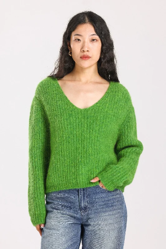 Immy V-neck Basic Alpaca Wool Knit Jumper - Green Sequined Glittery Shiny