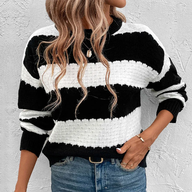 IKEARLAX 2025 new  women's clothing  crew neck sweater top black and white contrasting striped knitted pullover Slim Fit Regular Fit Oversized