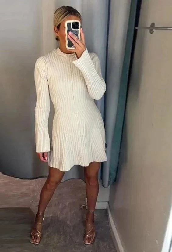 Womens Ribbed Knitted Sweater Dress Fashion O Neck Long Sleeve Midi Dresses 2025 Anti-Pilling Anti-Shrink Durable