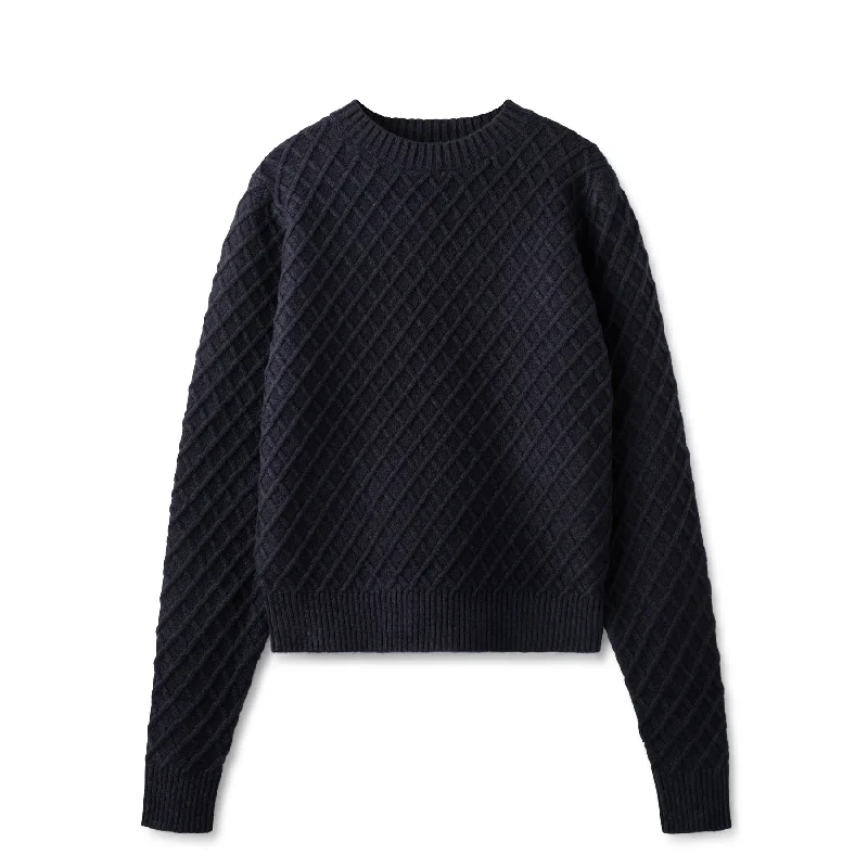 Diamond Knit Sweater In: Navy High Neck Crew Neck V-Neck