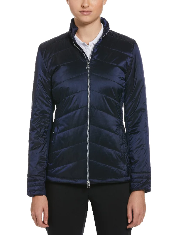 Womens Quilted Golf Jacket with Multi-Needle Stitching Zippered Front Buttoned Front Snap Front