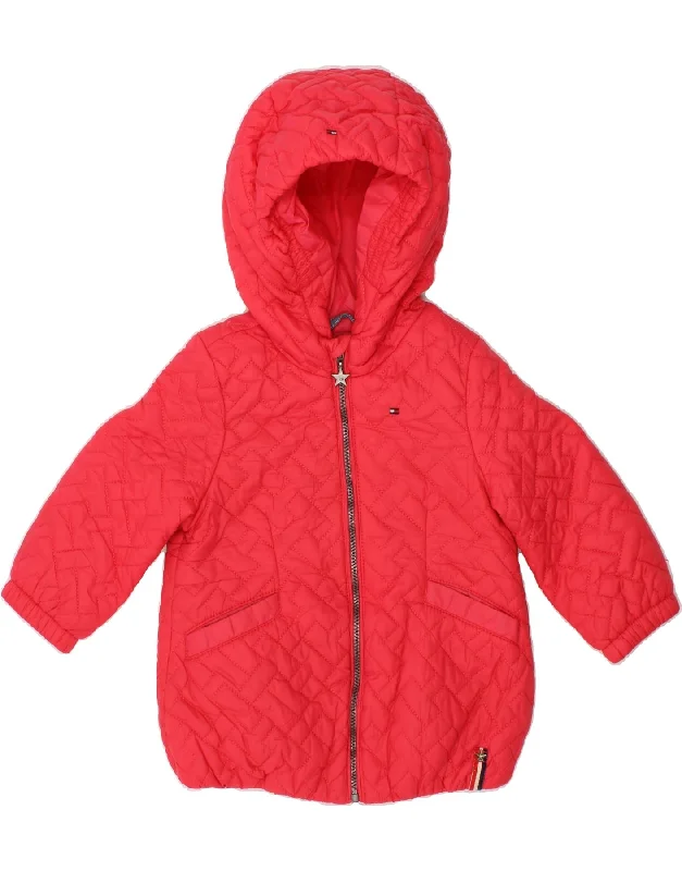 TOMMY HILFIGER Baby Girls Hooded Quilted Jacket 6-9 Months Red Polyamide Rayon Fabric Velvet Fabric Corduroy Fabric