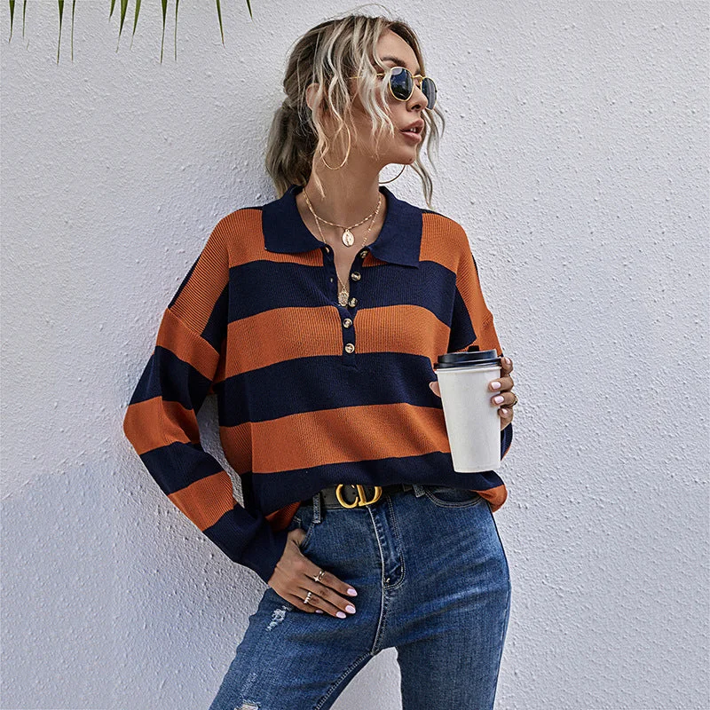 IKEARLAX New Popular trade popular early autumn Japanese striped long-sleeved top women's lapel contrasting long-sleeved knitted sweater Iron Safe Non-Iron Wrinkle Free