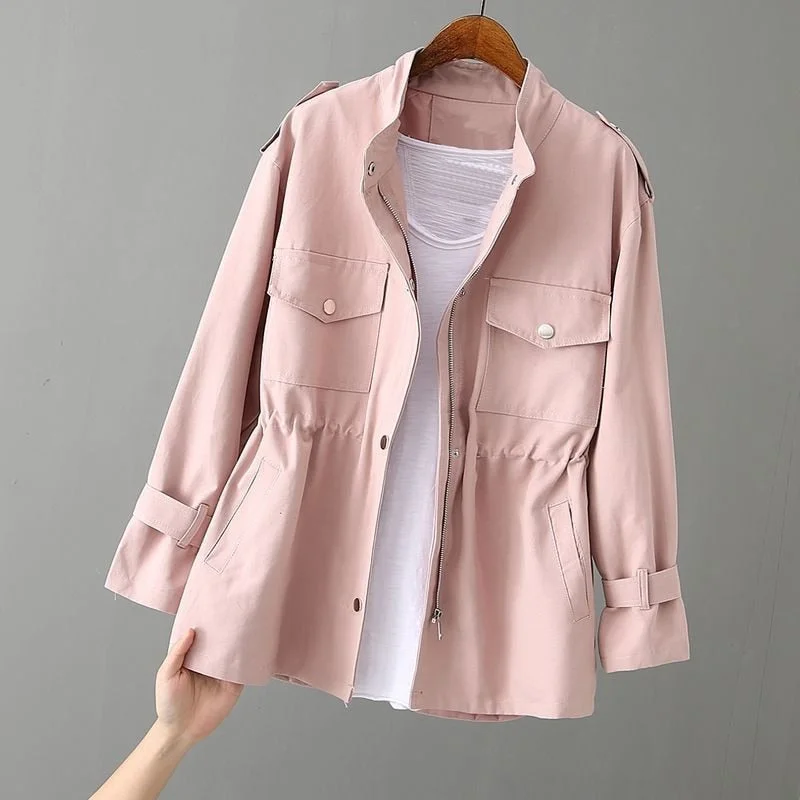 Wjczt Women's Windbreaker 2022 Autumn New Korean Wild Loose Stand-Collar Fashion Pink Jacket Female Student Windbreaker Coat Lining 96 Cotton Fabric Linen Fabric Terry Fabric