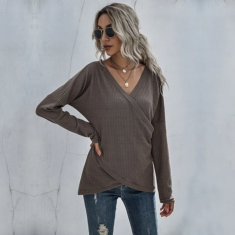 IKEARLAX New Popular trade women's knitted sweater 2025 style irregular long-sleeved V-neck top women's popular autumn Welt Pockets Slit Pockets Flap Pockets