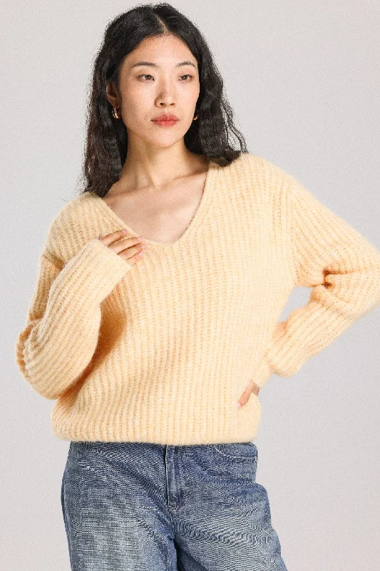 Immy V-neck Basic Alpaca Wool Knit Jumper - Yellow Herringbone Houndstooth Plaid