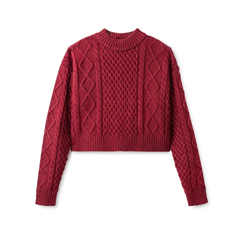 Cable Knit Crop Sweater IN: Burgundy Satin Blend Silk Blend Wool Blend