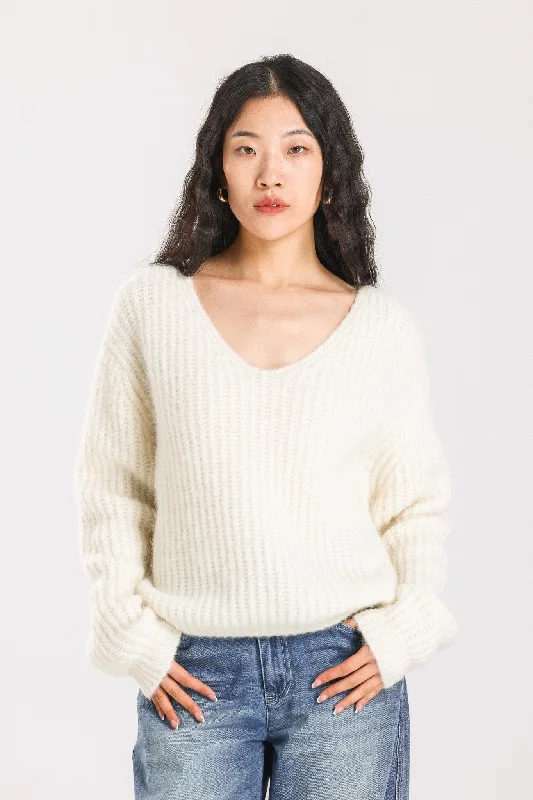 Immy V-neck Basic Alpaca wool  Knit Jumper - White Oversized Loose Flowy