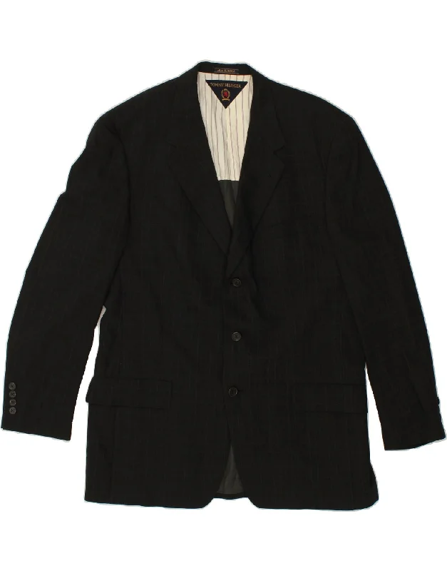 TOMMY HILFIGER Mens 3 Button Blazer Jacket UK 44 2XL Black Check Wool Hoodie Zip-Up Jacket Button-Up Jacket