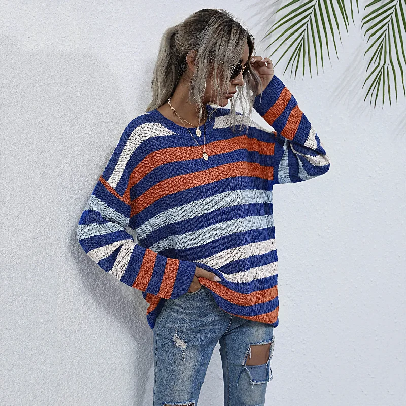 IKEARLAX popular New Women's Early Autumn Sweater 2025 Autumn Pullover Crew Neck Loose Top  Striped Knitted Sweater Striped Floral Plaid