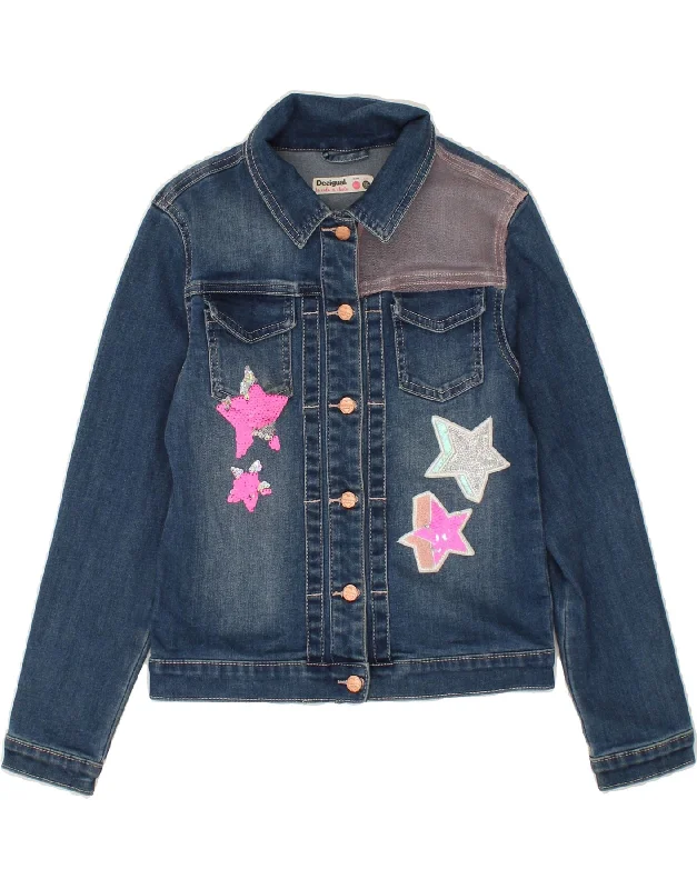 DESIGUAL Girls Graphic Denim Jacket 11-12 Years Blue Cotton Zippered Jacket Buttoned Jacket Snapped Jacket