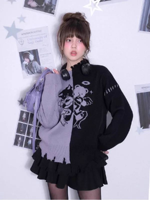 Black and purple loose sweater【s0000011298】 Glossy Satin Silk