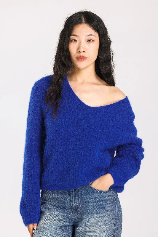 Immy V-neck Basic Alpaca Wool Knit Jumper - Royal Blue Mesh Blend Leather Blend Suede Blend