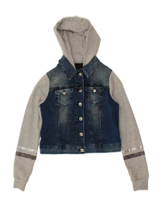 DIESEL Girls Hooded Denim Jacket 13-14 Years Blue Colourblock Cotton Wool Jacket Cashmere Jacket Tweed Jacket