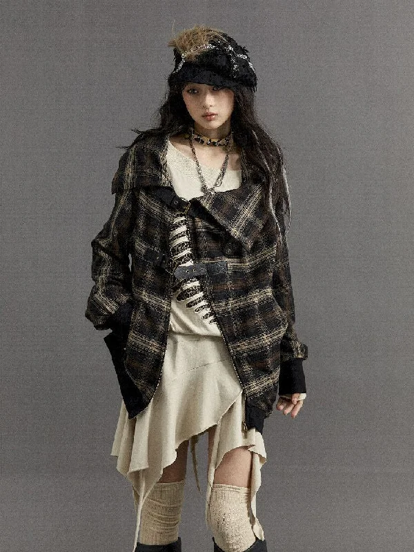 Loose plaid asymmetrical sweater jacket【s0000010326】 Ribbed Striped Patterned