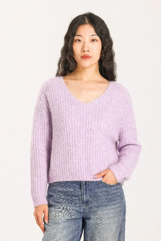 Immy V-neck Basic Alpaca Wool Knit Jumper - Purple Spandex Blend Rayon Blend Denim Blend