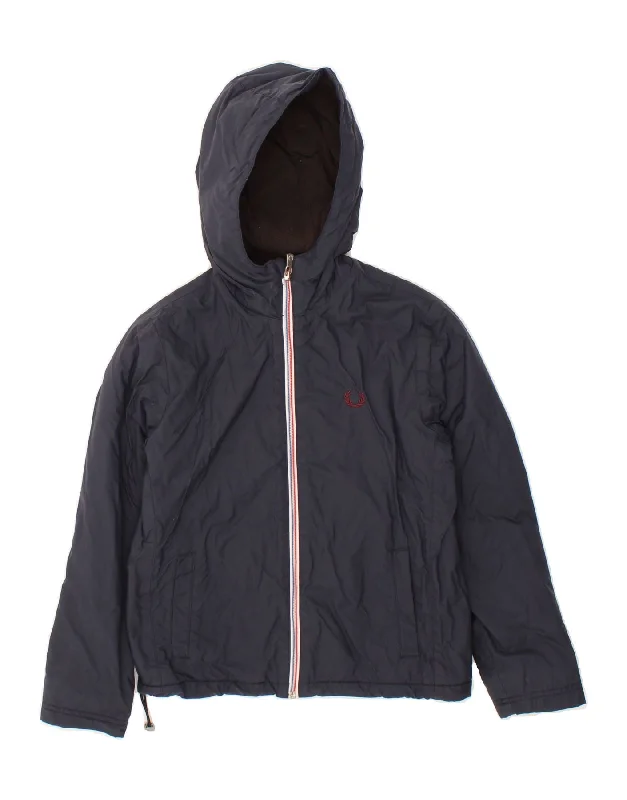 FRED PERRY Girls Hooded Windbreaker Jacket 9-10 Years Navy Blue Polyester Toggled Jacket Drawstring Jacket Belted Jacket