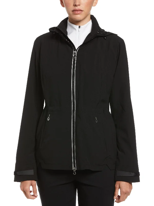 Womens Wind and Water Resistant Golf Jacket with Packable Hood Tiered Jacket Buttoned Jacket Zippered Jacket