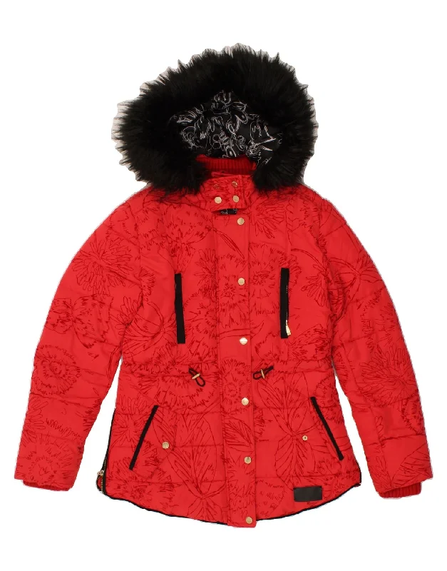 DESIGUAL Womens Hooded Padded Jacket EU 38 Medium Red Floral Polyester Knit Jacket Woven Jacket Fleece Jacket