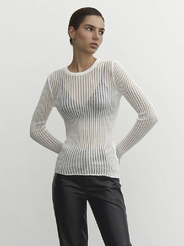 See Through Cashmere Women Sweater Mesh Female Fashion O-neck Knitted Pullover Hollow Out Sexy Casual Streetwear Chic Pull Tops Ribbed Striped Patterned