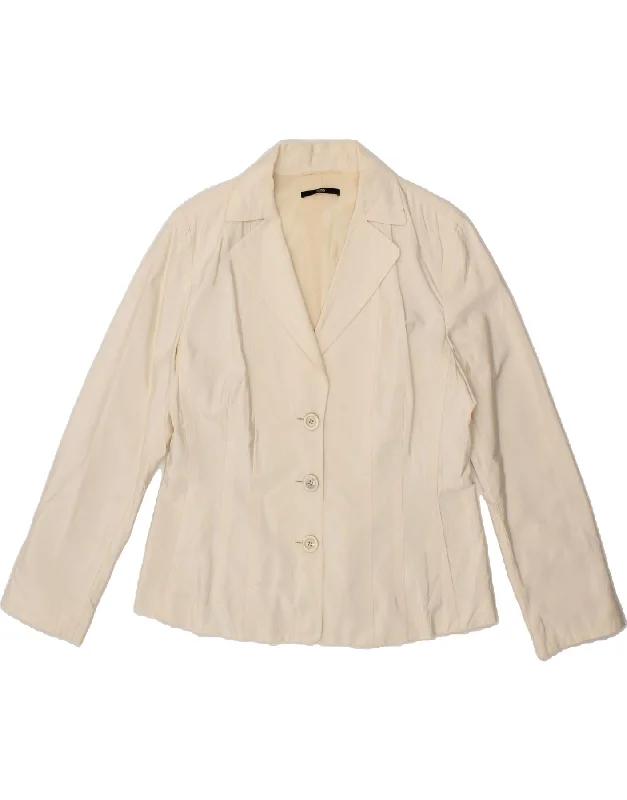 HUGO BOSS Womens 3 Button Blazer Jacket UK 14 Large  Off White Cotton Fleece Fabric Down Fabric Feather Fabric