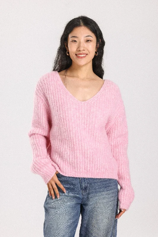 Immy V-neck Basic Alpaca Wool Knit Jumper - Pink Thin Thick Dense