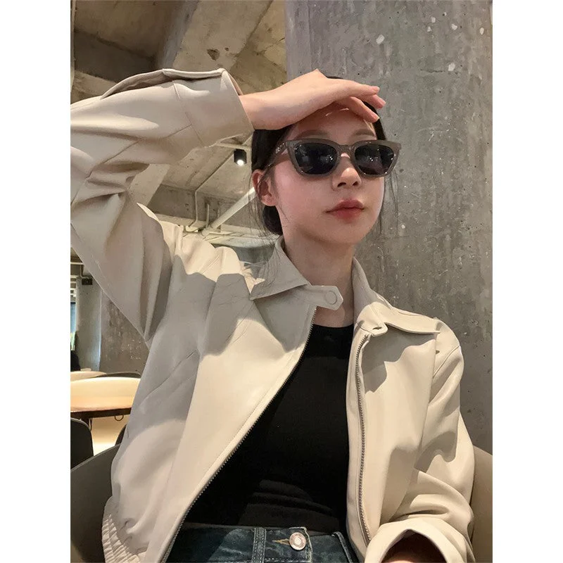 Wjczt fall inspo outfits Autumn New Retro Loose Western Style High-Grade Zipper Leather Coat Women's Stand Collar Long Sleeve Short Jacket Boat Neck Shawl Collar Notched Collar